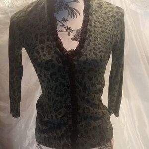 Women's Green Leopard Print Cardigan Sweater